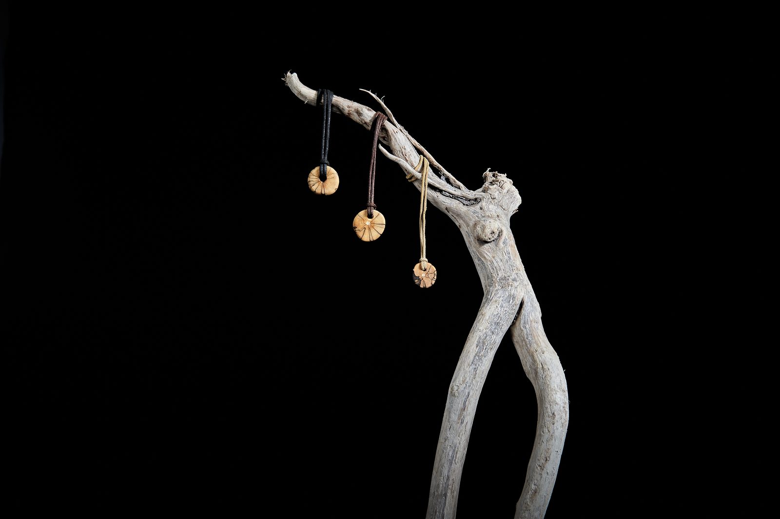 Holzschmuck an Treibholz vor schwarzem Hintergrund
